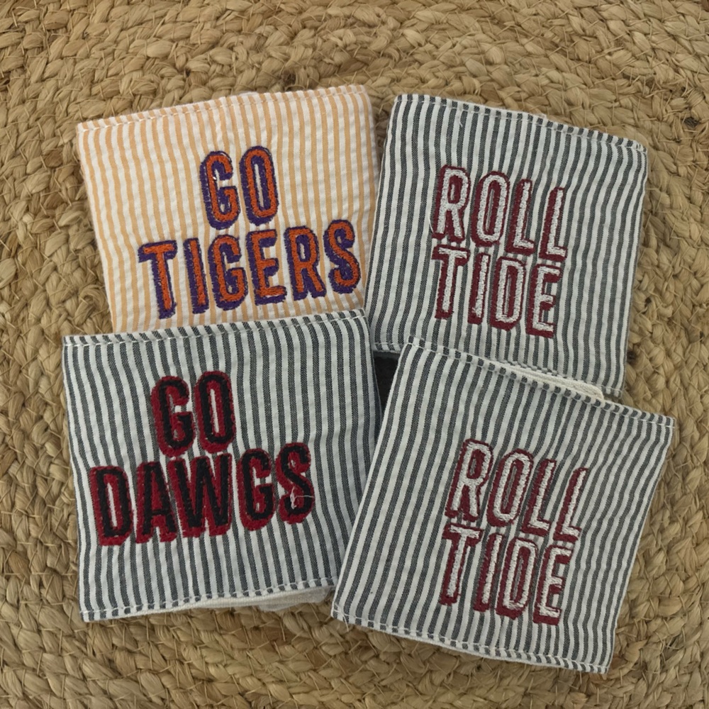 Seersucker Drink Coozie- go dawgs, roll tide, go tigers